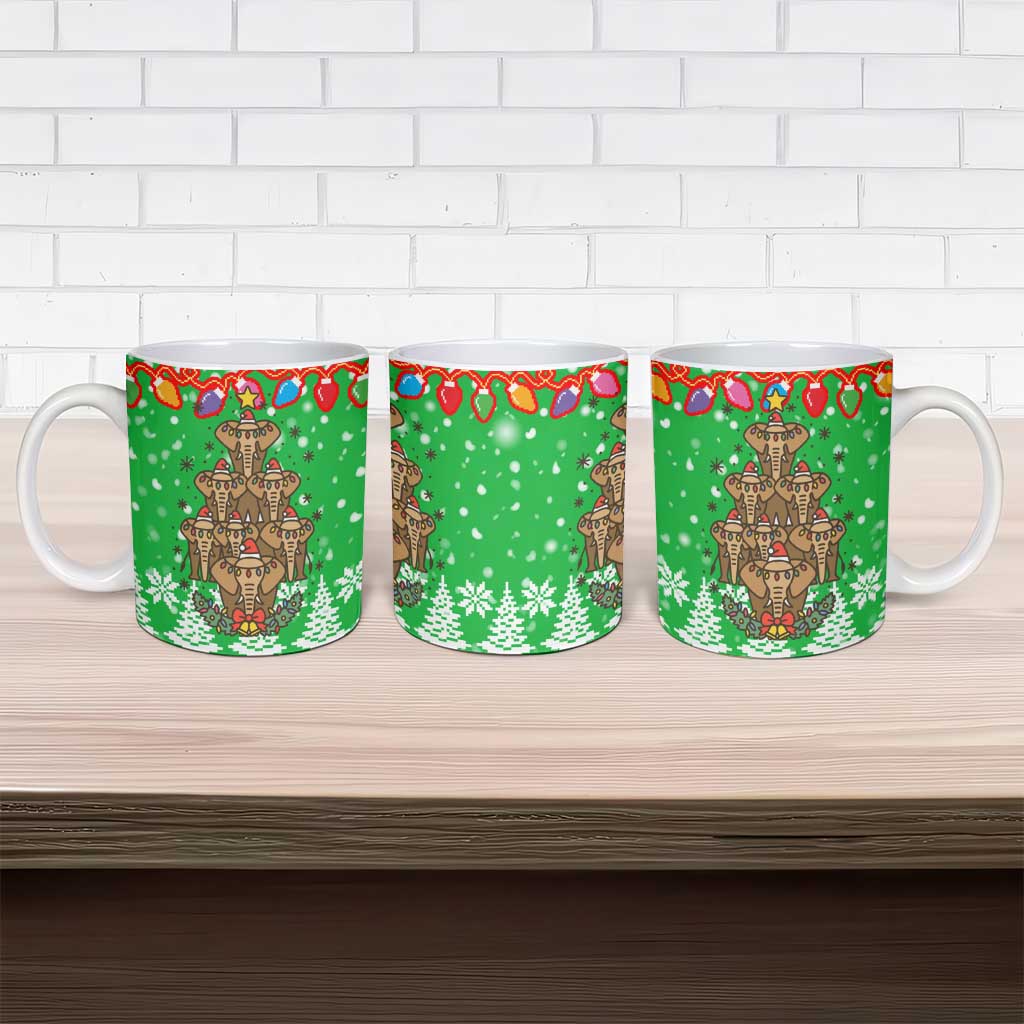 Mali Christmas Ceramic Mug with Cartoon Elephant Pyramid Snowflakes and Holiday Lights - Wonder Print Shop