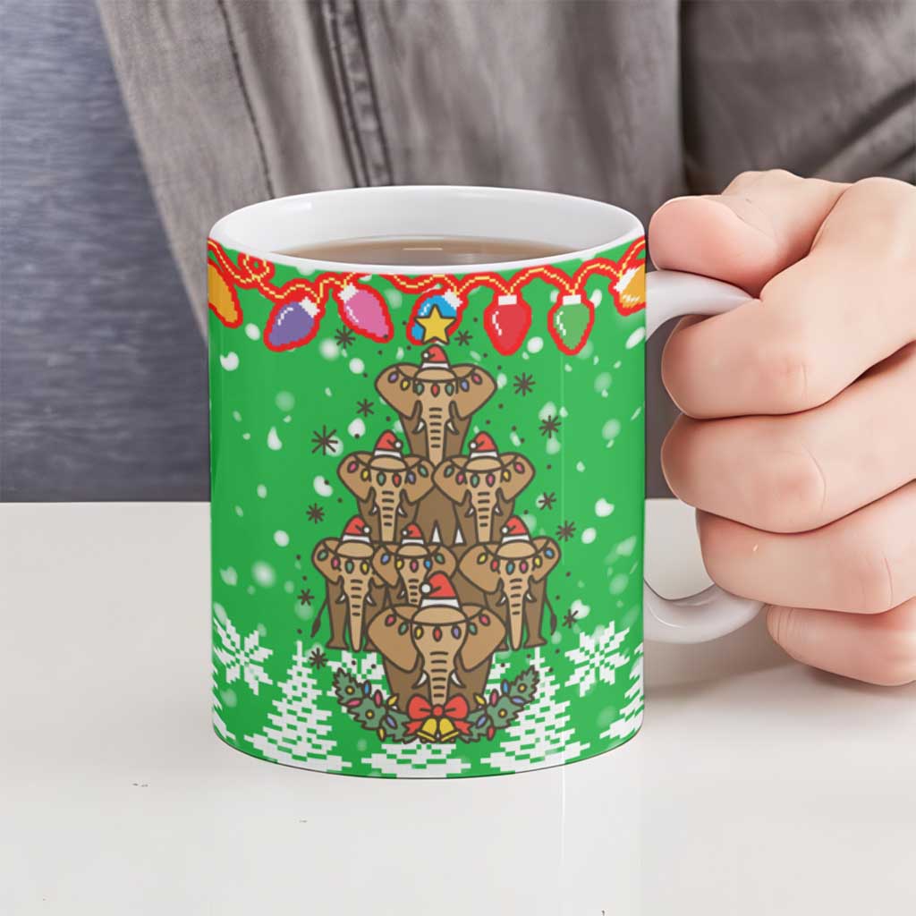Mali Christmas Ceramic Mug with Cartoon Elephant Pyramid Snowflakes and Holiday Lights - Wonder Print Shop