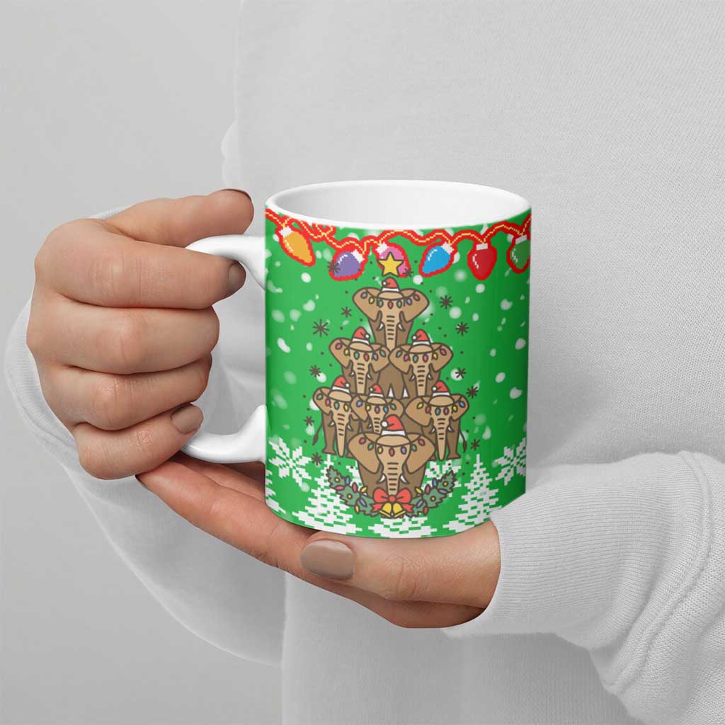 Mali Christmas Ceramic Mug with Cartoon Elephant Pyramid Snowflakes and Holiday Lights - Wonder Print Shop