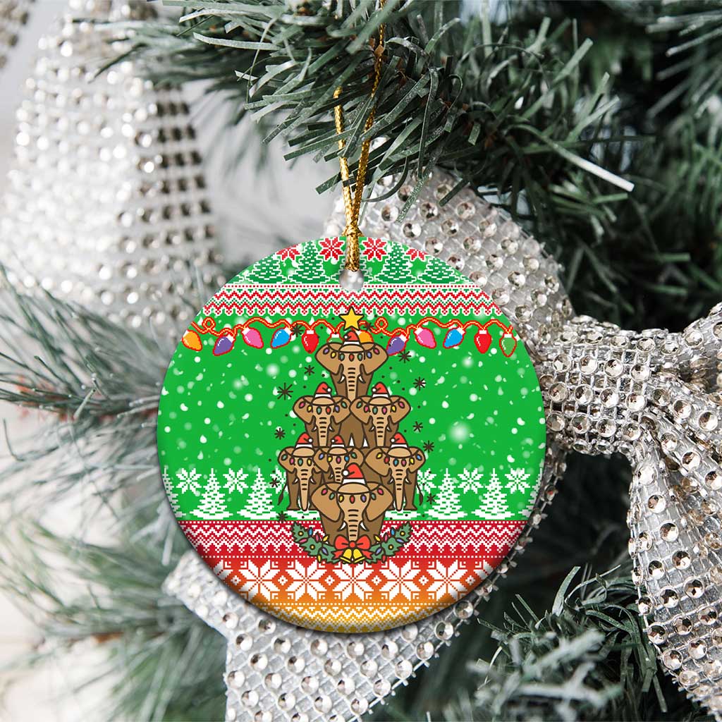 Mali Christmas Ceramic Ornament with Cartoon Elephant Pyramid Snowflakes and Holiday Lights - Wonder Print Shop