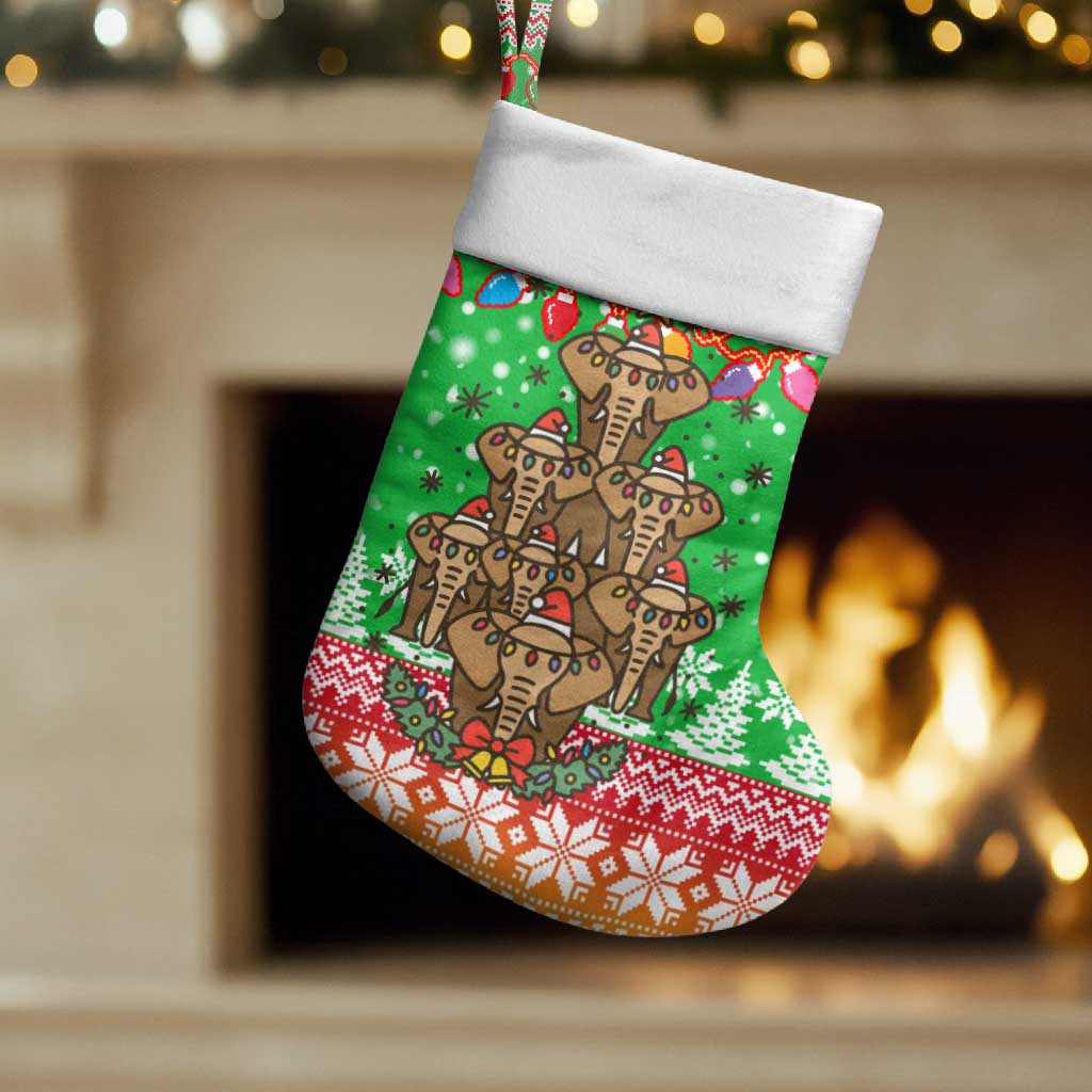 Mali Christmas Stocking with Cartoon Elephant Pyramid Snowflakes and Holiday Lights - Wonder Print Shop