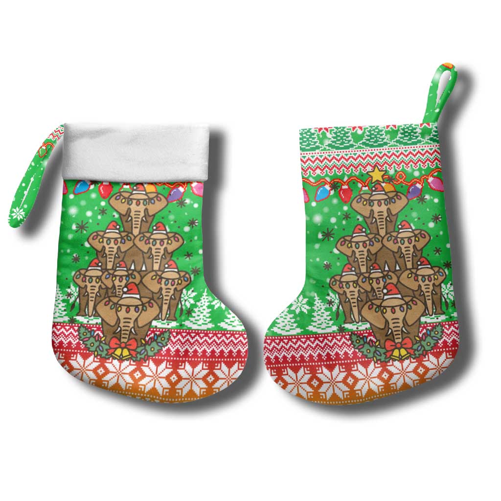 Mali Christmas Stocking with Cartoon Elephant Pyramid Snowflakes and Holiday Lights - Wonder Print Shop