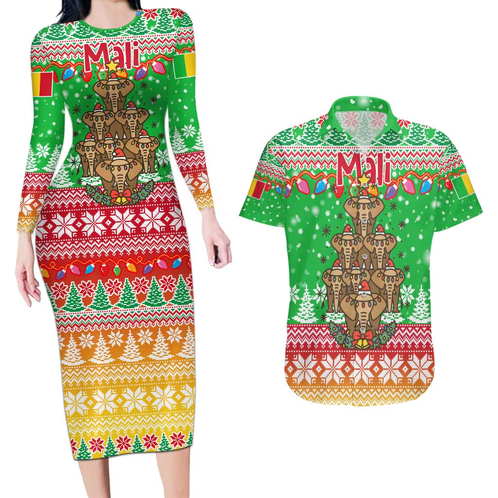 Mali Christmas Couples Matching Long Sleeve Bodycon Dress and Hawaiian Shirt with Cartoon Elephant Pyramid Snowflakes and Holiday Lights - Wonder Print Shop