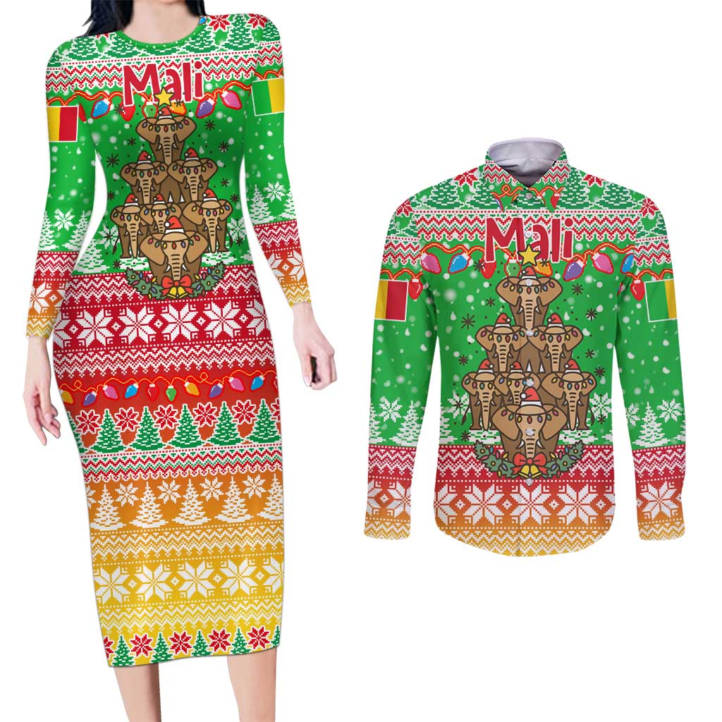 Mali Christmas Couples Matching Long Sleeve Bodycon Dress and Long Sleeve Button Shirt with Cartoon Elephant Pyramid Snowflakes and Holiday Lights - Wonder Print Shop