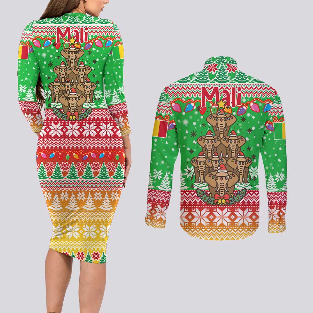 Mali Christmas Couples Matching Long Sleeve Bodycon Dress and Long Sleeve Button Shirt with Cartoon Elephant Pyramid Snowflakes and Holiday Lights - Wonder Print Shop