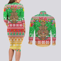 Mali Christmas Couples Matching Long Sleeve Bodycon Dress and Long Sleeve Button Shirt with Cartoon Elephant Pyramid Snowflakes and Holiday Lights - Wonder Print Shop