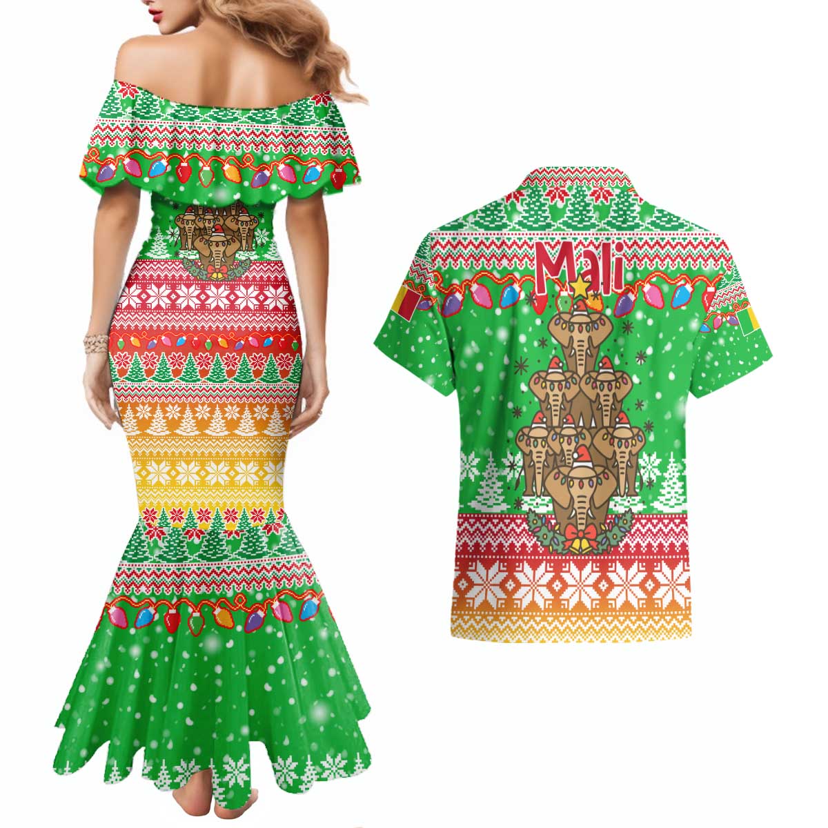 Mali Christmas Couples Matching Mermaid Dress and Hawaiian Shirt with Cartoon Elephant Pyramid Snowflakes and Holiday Lights - Wonder Print Shop