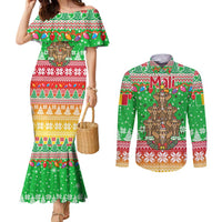 Mali Christmas Couples Matching Mermaid Dress and Long Sleeve Button Shirt with Cartoon Elephant Pyramid Snowflakes and Holiday Lights - Wonder Print Shop