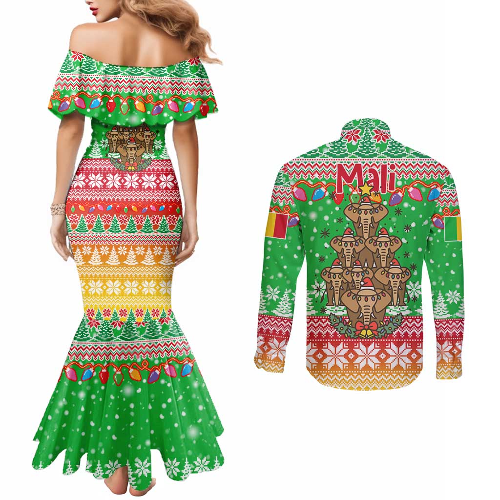Mali Christmas Couples Matching Mermaid Dress and Long Sleeve Button Shirt with Cartoon Elephant Pyramid Snowflakes and Holiday Lights - Wonder Print Shop