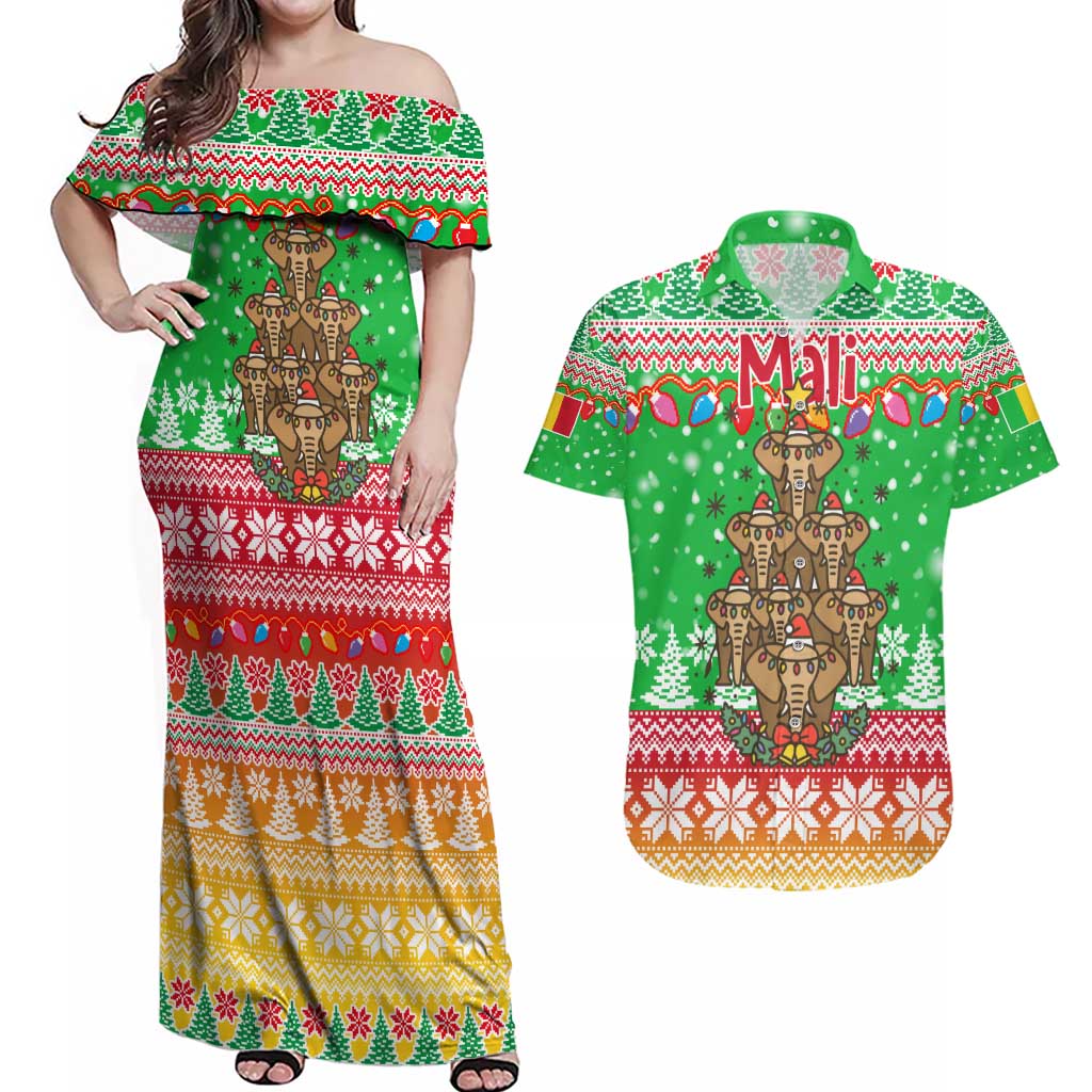 Mali Christmas Couples Matching Off Shoulder Maxi Dress and Hawaiian Shirt with Cartoon Elephant Pyramid Snowflakes and Holiday Lights - Wonder Print Shop