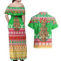 Mali Christmas Couples Matching Off Shoulder Maxi Dress and Hawaiian Shirt with Cartoon Elephant Pyramid Snowflakes and Holiday Lights - Wonder Print Shop