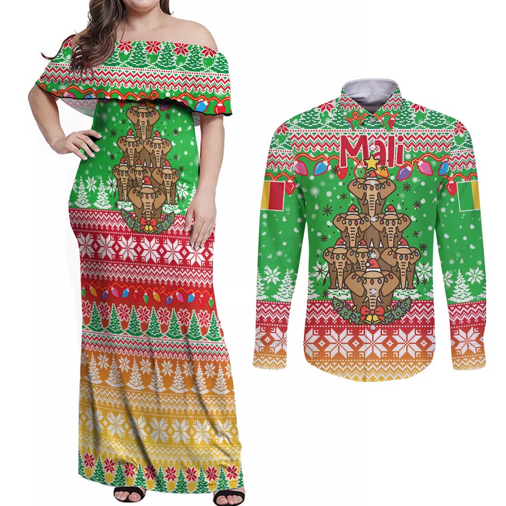Mali Christmas Couples Matching Off Shoulder Maxi Dress and Long Sleeve Button Shirt with Cartoon Elephant Pyramid Snowflakes and Holiday Lights - Wonder Print Shop