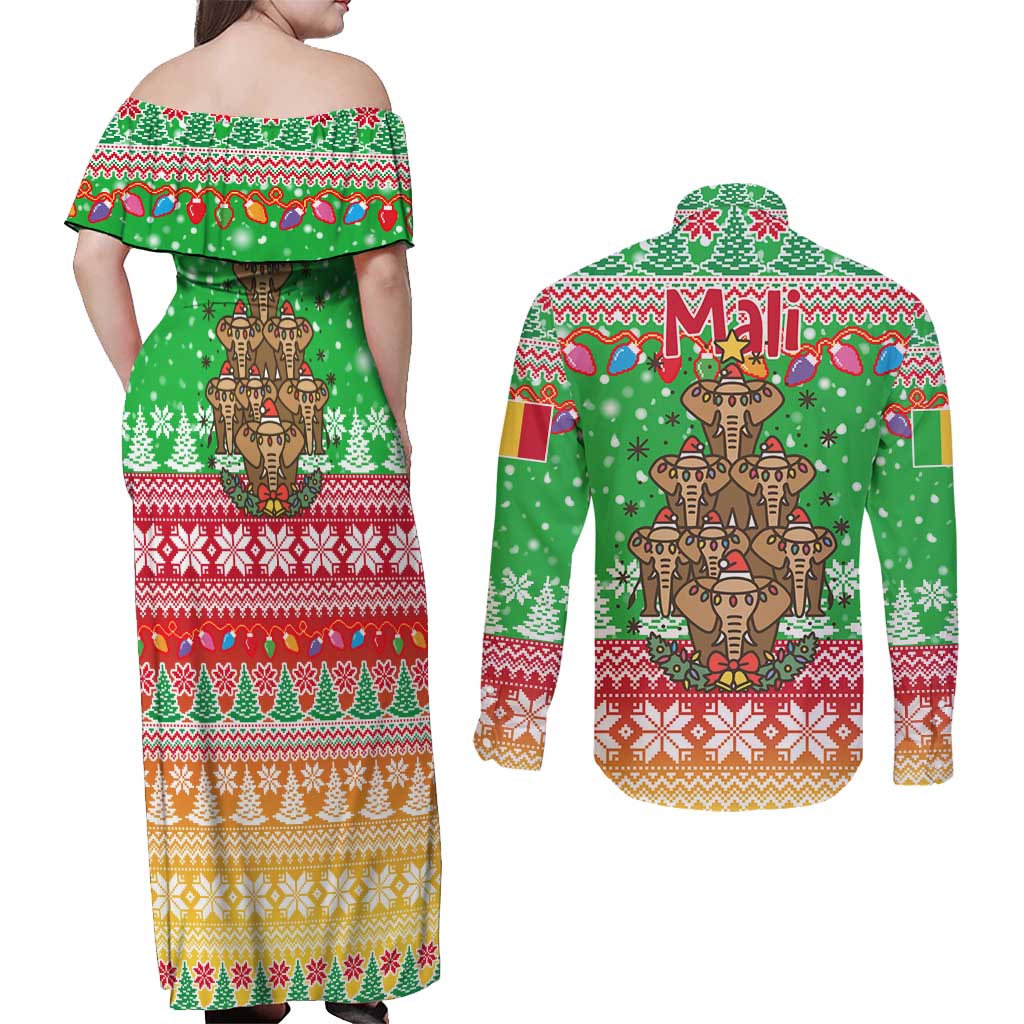 Mali Christmas Couples Matching Off Shoulder Maxi Dress and Long Sleeve Button Shirt with Cartoon Elephant Pyramid Snowflakes and Holiday Lights - Wonder Print Shop