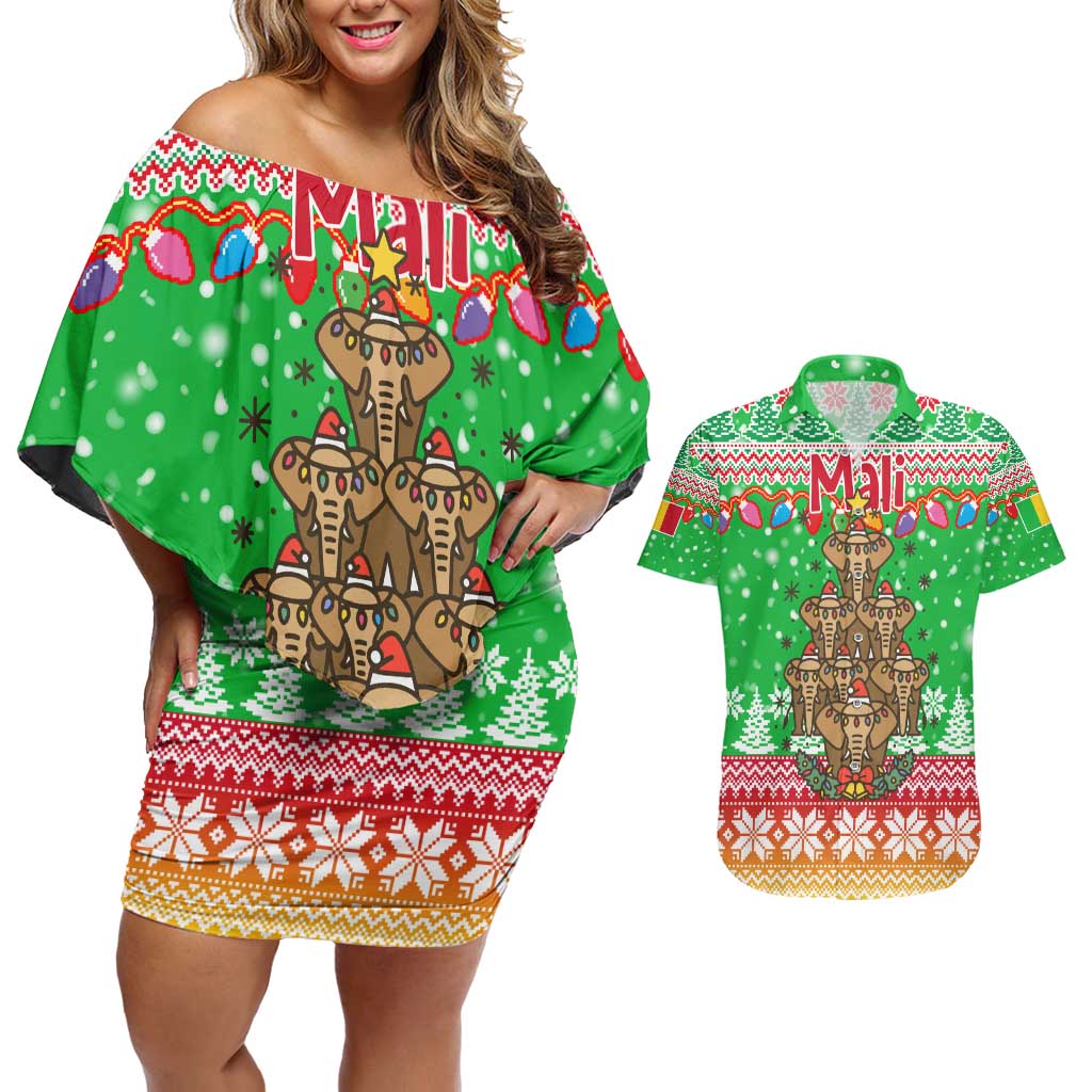 Mali Christmas Couples Matching Off Shoulder Short Dress and Hawaiian Shirt with Cartoon Elephant Pyramid Snowflakes and Holiday Lights - Wonder Print Shop