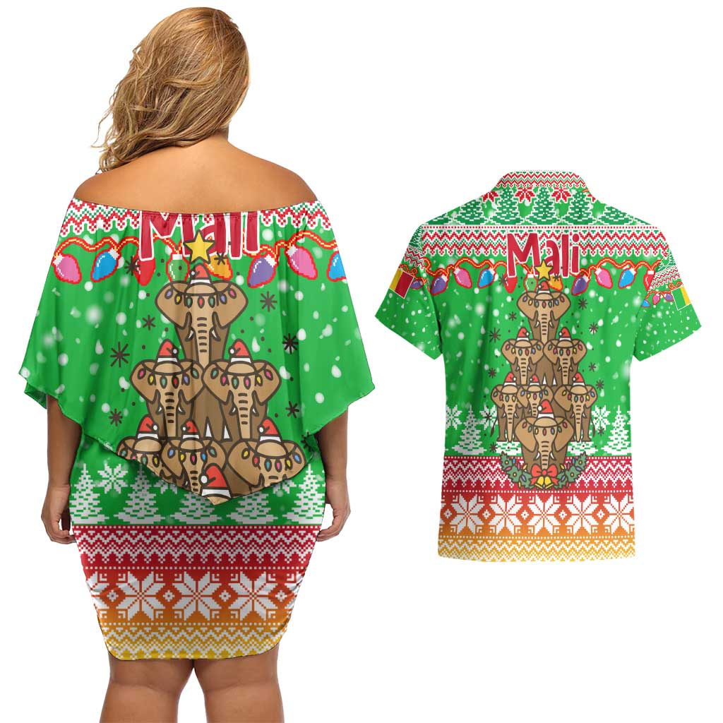Mali Christmas Couples Matching Off Shoulder Short Dress and Hawaiian Shirt with Cartoon Elephant Pyramid Snowflakes and Holiday Lights - Wonder Print Shop