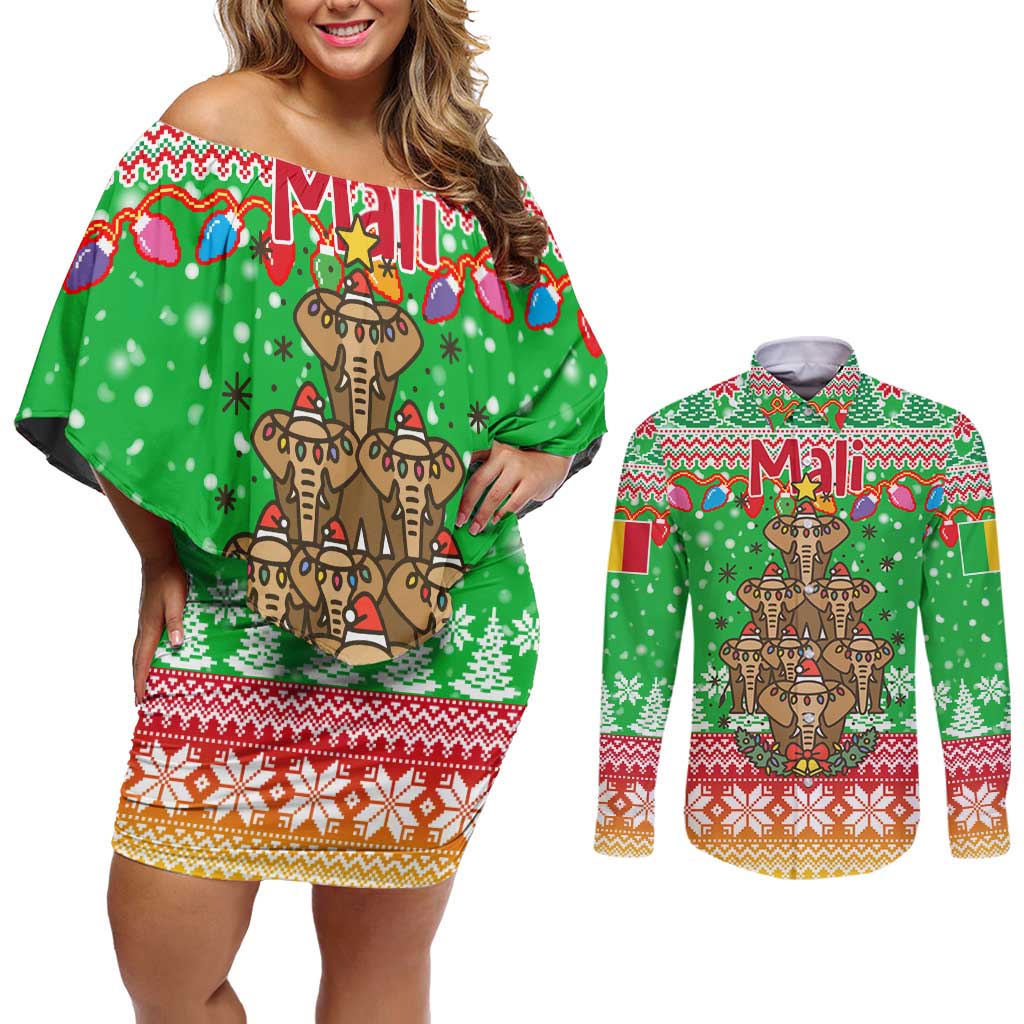 Mali Christmas Couples Matching Off Shoulder Short Dress and Long Sleeve Button Shirt with Cartoon Elephant Pyramid Snowflakes and Holiday Lights - Wonder Print Shop
