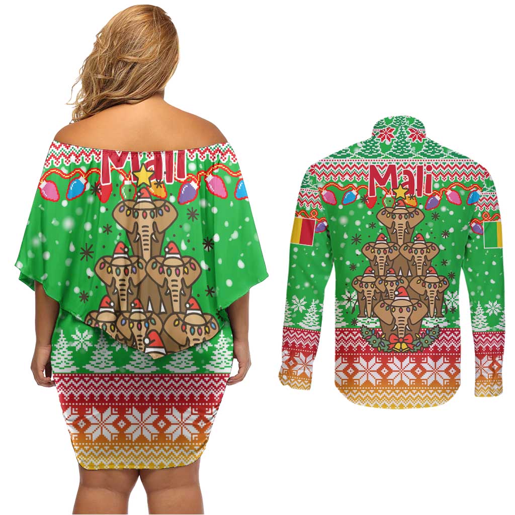 Mali Christmas Couples Matching Off Shoulder Short Dress and Long Sleeve Button Shirt with Cartoon Elephant Pyramid Snowflakes and Holiday Lights - Wonder Print Shop