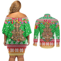 Mali Christmas Couples Matching Off Shoulder Short Dress and Long Sleeve Button Shirt with Cartoon Elephant Pyramid Snowflakes and Holiday Lights - Wonder Print Shop