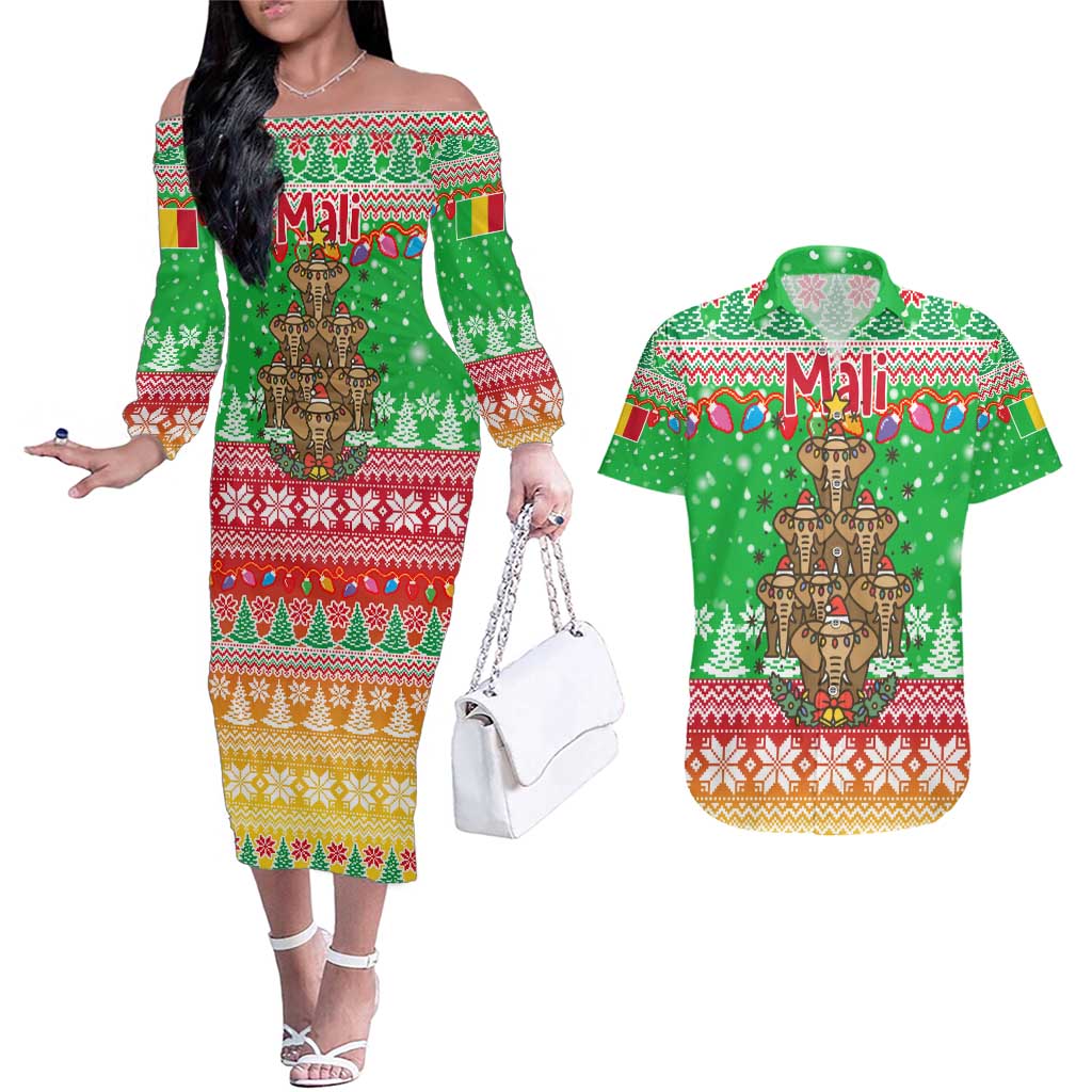 Mali Christmas Couples Matching Off The Shoulder Long Sleeve Dress and Hawaiian Shirt with Cartoon Elephant Pyramid Snowflakes and Holiday Lights - Wonder Print Shop