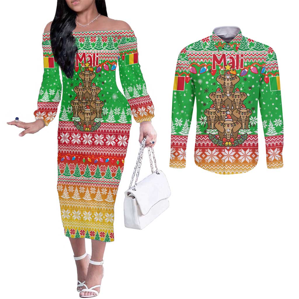 Mali Christmas Couples Matching Off The Shoulder Long Sleeve Dress and Long Sleeve Button Shirt with Cartoon Elephant Pyramid Snowflakes and Holiday Lights - Wonder Print Shop