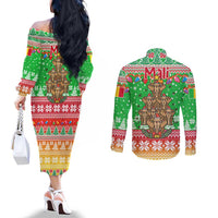 Mali Christmas Couples Matching Off The Shoulder Long Sleeve Dress and Long Sleeve Button Shirt with Cartoon Elephant Pyramid Snowflakes and Holiday Lights - Wonder Print Shop