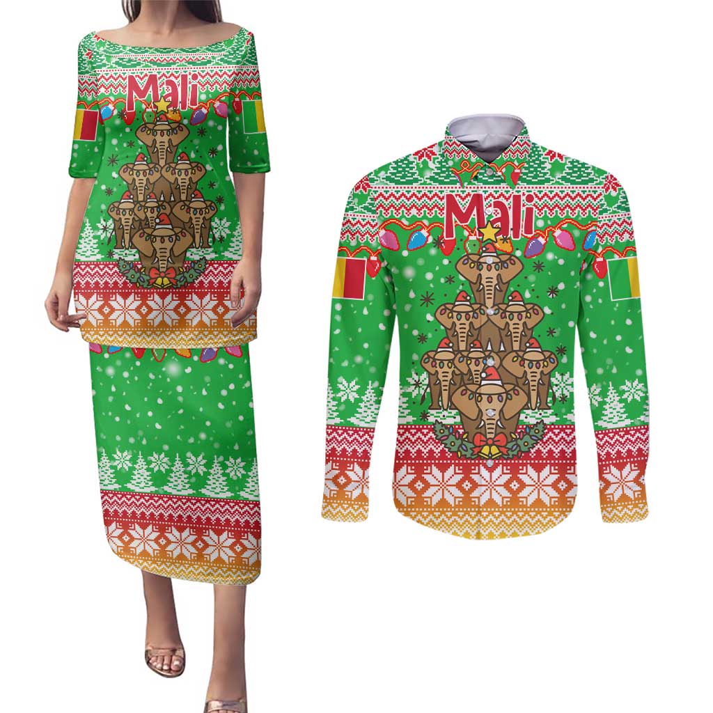 Mali Christmas Couples Matching Puletasi and Long Sleeve Button Shirt with Cartoon Elephant Pyramid Snowflakes and Holiday Lights - Wonder Print Shop
