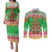 Mali Christmas Couples Matching Puletasi and Long Sleeve Button Shirt with Cartoon Elephant Pyramid Snowflakes and Holiday Lights - Wonder Print Shop