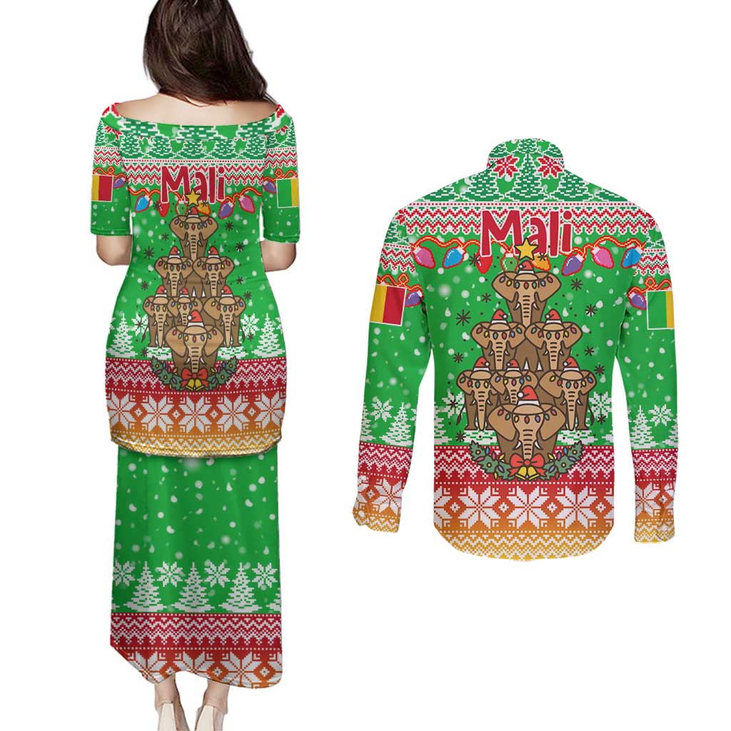 Mali Christmas Couples Matching Puletasi and Long Sleeve Button Shirt with Cartoon Elephant Pyramid Snowflakes and Holiday Lights - Wonder Print Shop