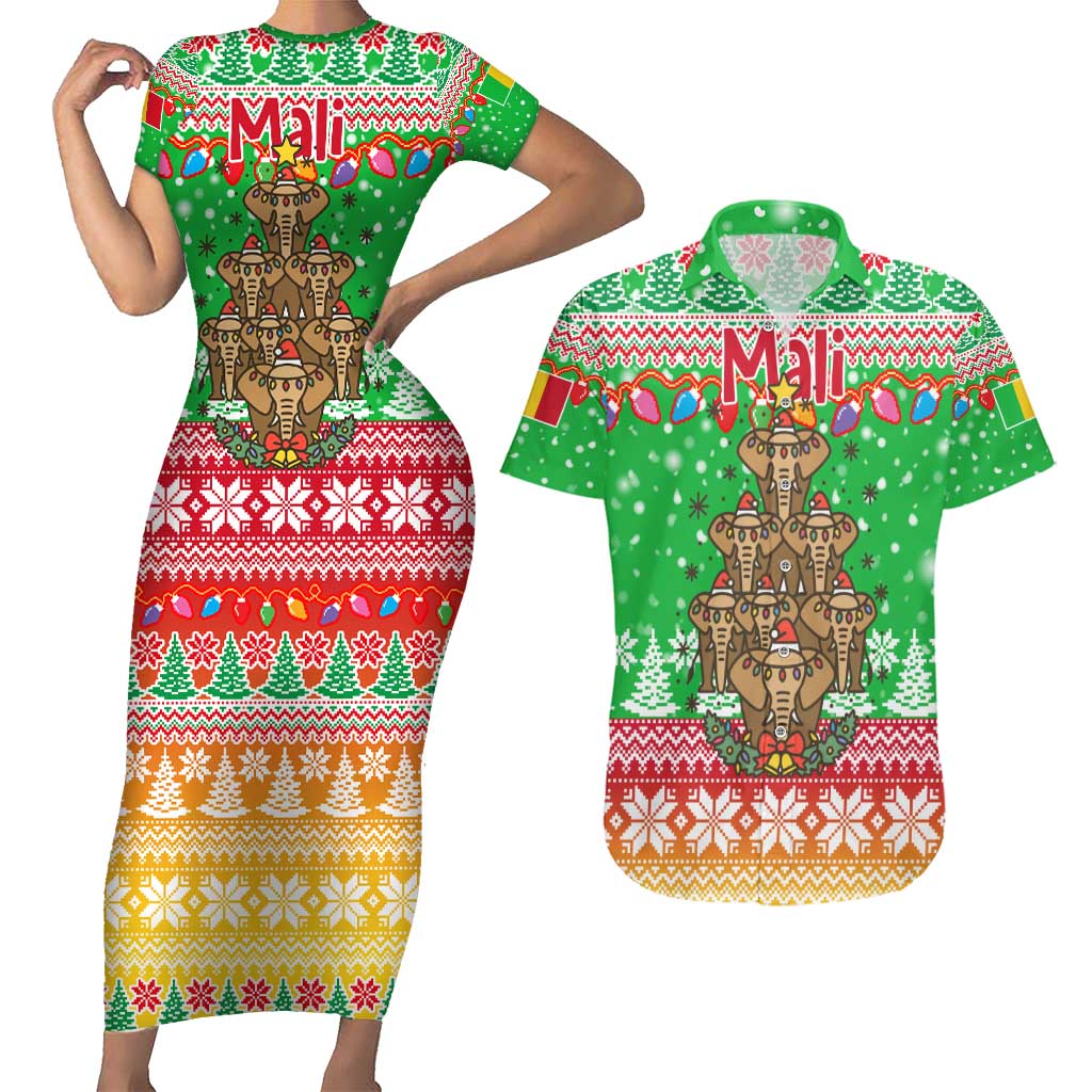 Mali Christmas Couples Matching Short Sleeve Bodycon Dress and Hawaiian Shirt with Cartoon Elephant Pyramid Snowflakes and Holiday Lights - Wonder Print Shop
