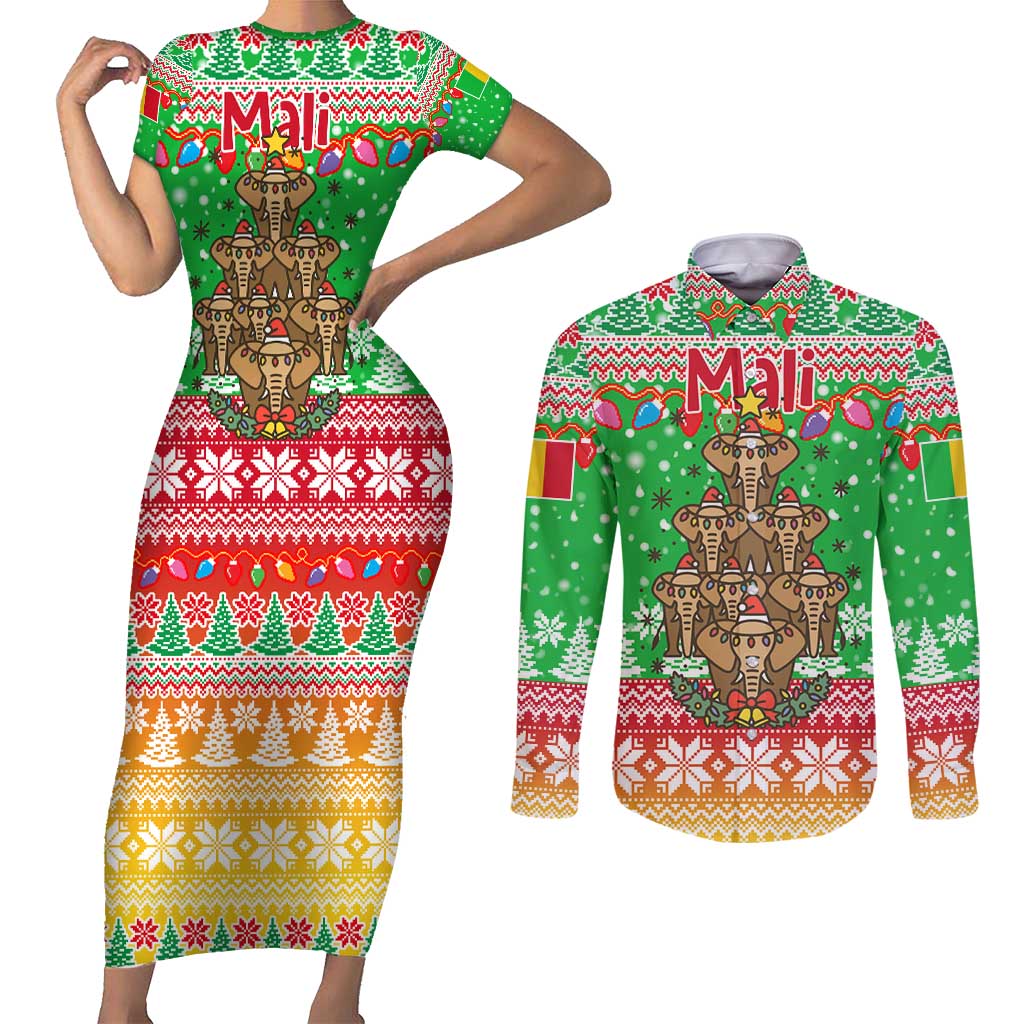 Mali Christmas Couples Matching Short Sleeve Bodycon Dress and Long Sleeve Button Shirt with Cartoon Elephant Pyramid Snowflakes and Holiday Lights - Wonder Print Shop