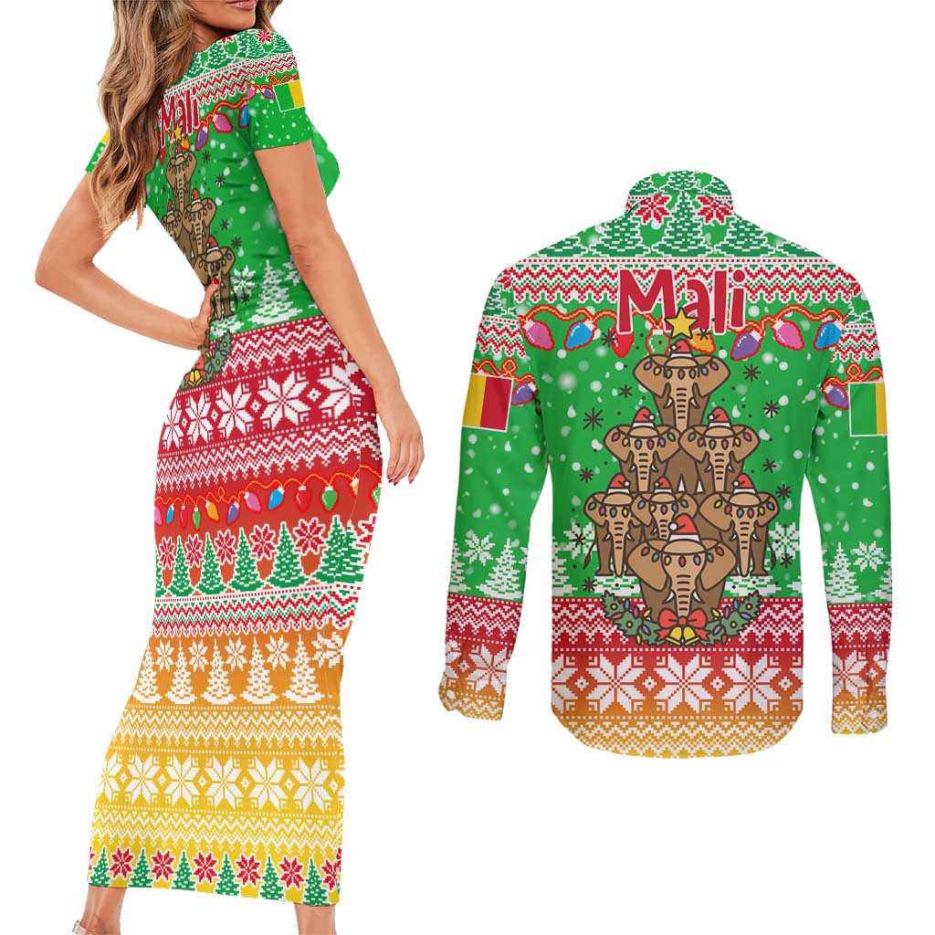 Mali Christmas Couples Matching Short Sleeve Bodycon Dress and Long Sleeve Button Shirt with Cartoon Elephant Pyramid Snowflakes and Holiday Lights - Wonder Print Shop
