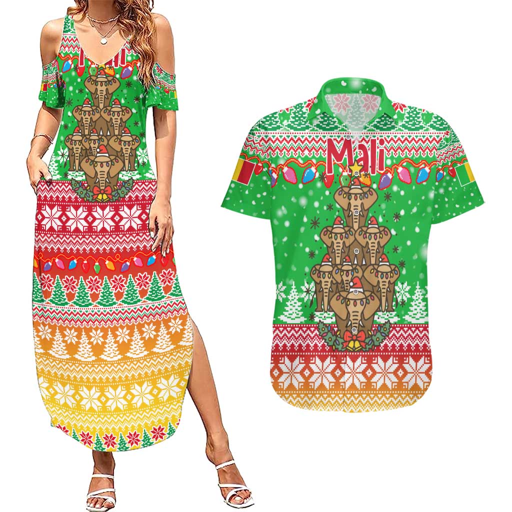 Mali Christmas Couples Matching Summer Maxi Dress and Hawaiian Shirt with Cartoon Elephant Pyramid Snowflakes and Holiday Lights - Wonder Print Shop