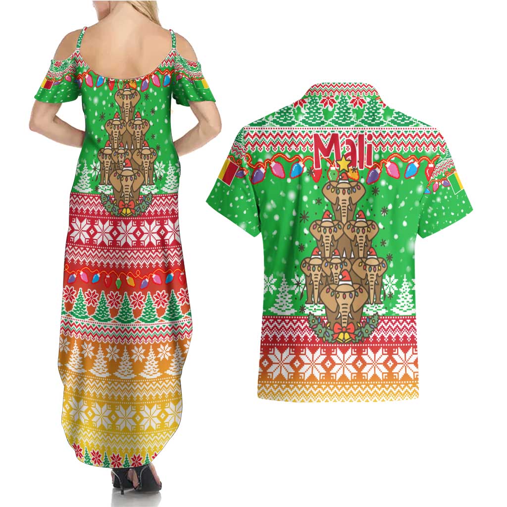 Mali Christmas Couples Matching Summer Maxi Dress and Hawaiian Shirt with Cartoon Elephant Pyramid Snowflakes and Holiday Lights - Wonder Print Shop