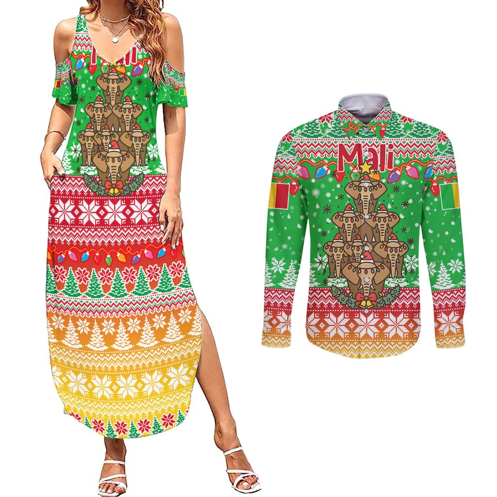 Mali Christmas Couples Matching Summer Maxi Dress and Long Sleeve Button Shirt with Cartoon Elephant Pyramid Snowflakes and Holiday Lights - Wonder Print Shop
