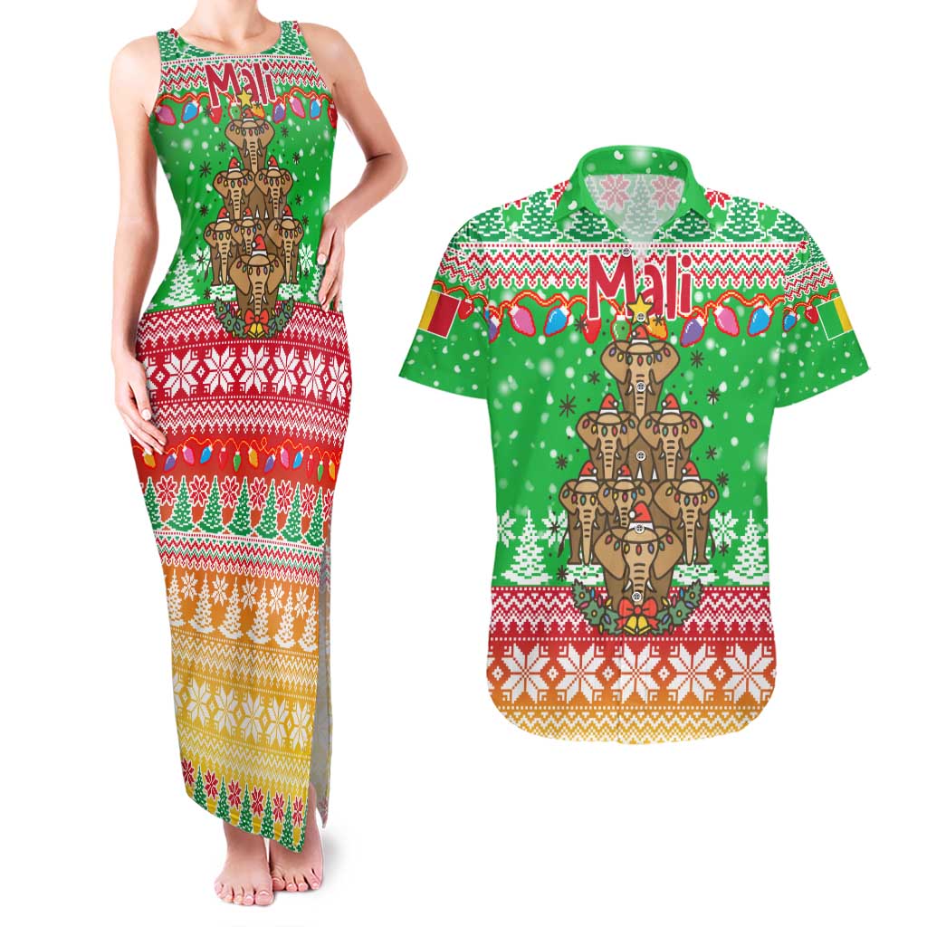 Mali Christmas Couples Matching Tank Maxi Dress and Hawaiian Shirt with Cartoon Elephant Pyramid Snowflakes and Holiday Lights - Wonder Print Shop