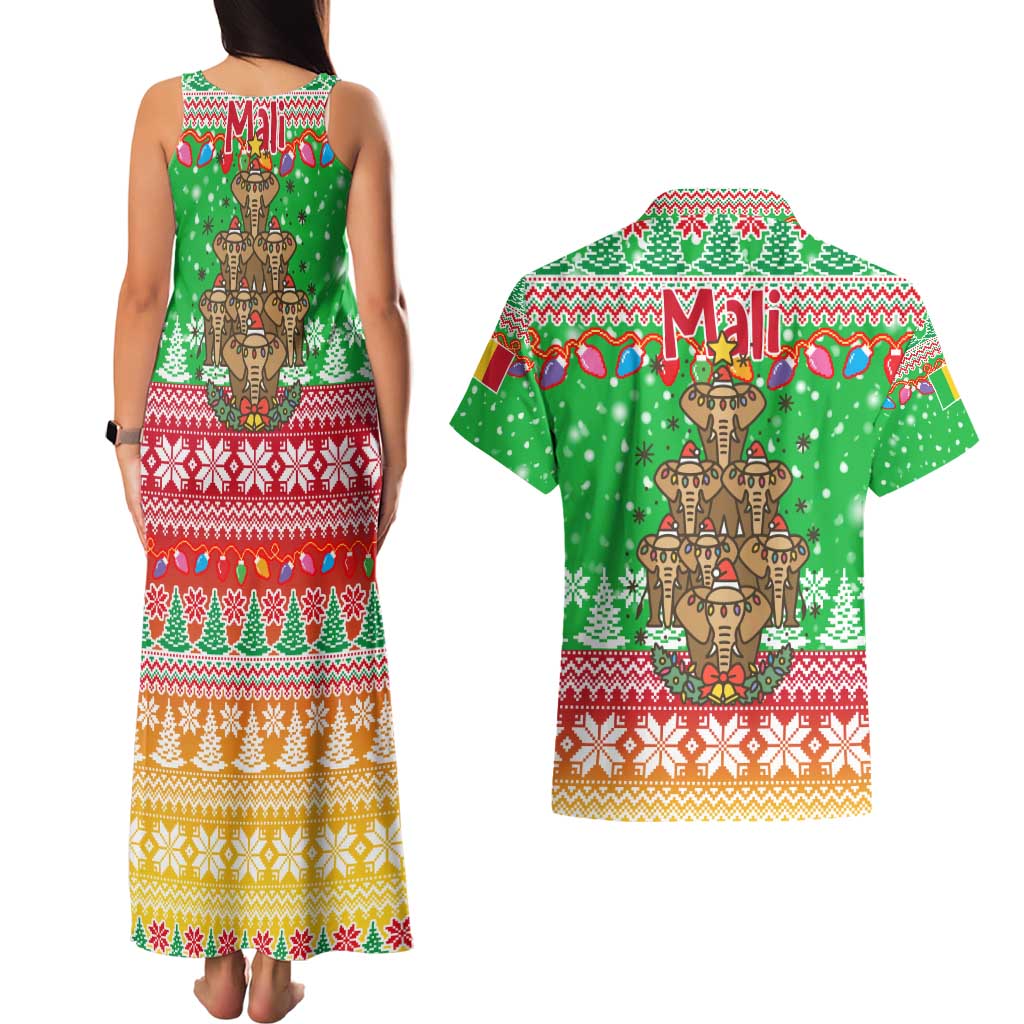 Mali Christmas Couples Matching Tank Maxi Dress and Hawaiian Shirt with Cartoon Elephant Pyramid Snowflakes and Holiday Lights - Wonder Print Shop