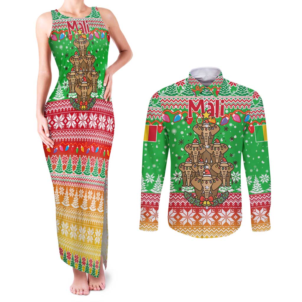 Mali Christmas Couples Matching Tank Maxi Dress and Long Sleeve Button Shirt with Cartoon Elephant Pyramid Snowflakes and Holiday Lights - Wonder Print Shop