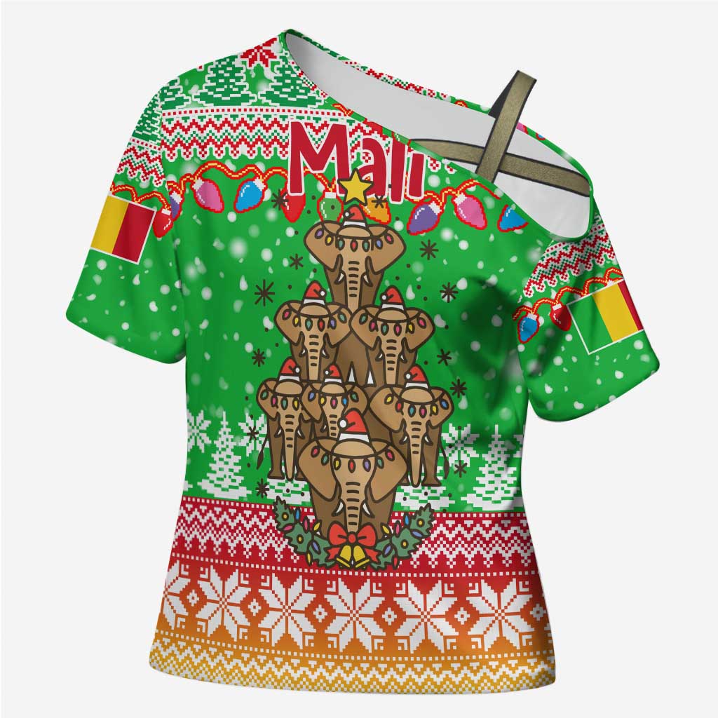 Mali Christmas Cross Shoulder Shirt with Cartoon Elephant Pyramid Snowflakes and Holiday Lights - Wonder Print Shop