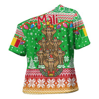Mali Christmas Cross Shoulder Shirt with Cartoon Elephant Pyramid Snowflakes and Holiday Lights - Wonder Print Shop