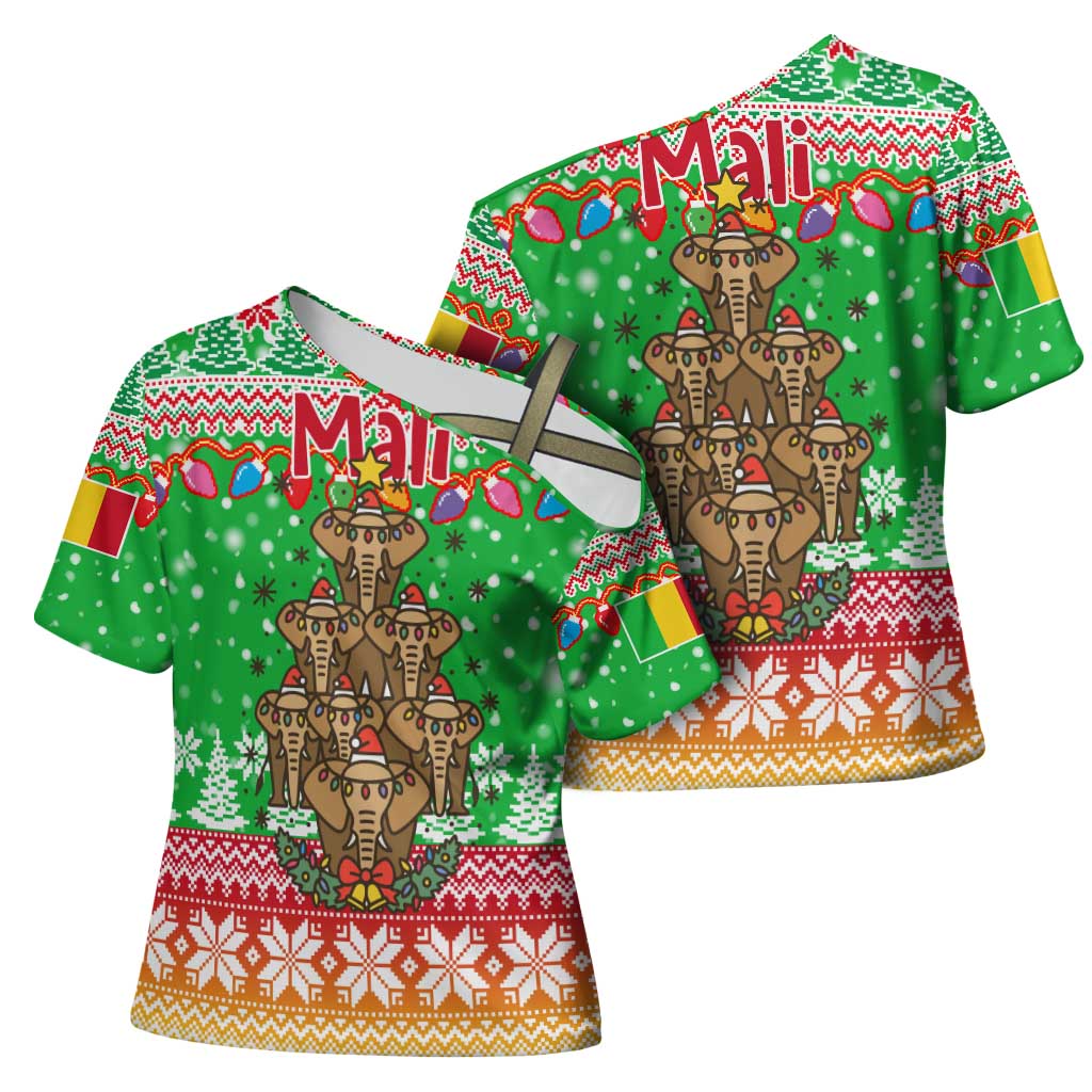 Mali Christmas Cross Shoulder Shirt with Cartoon Elephant Pyramid Snowflakes and Holiday Lights - Wonder Print Shop