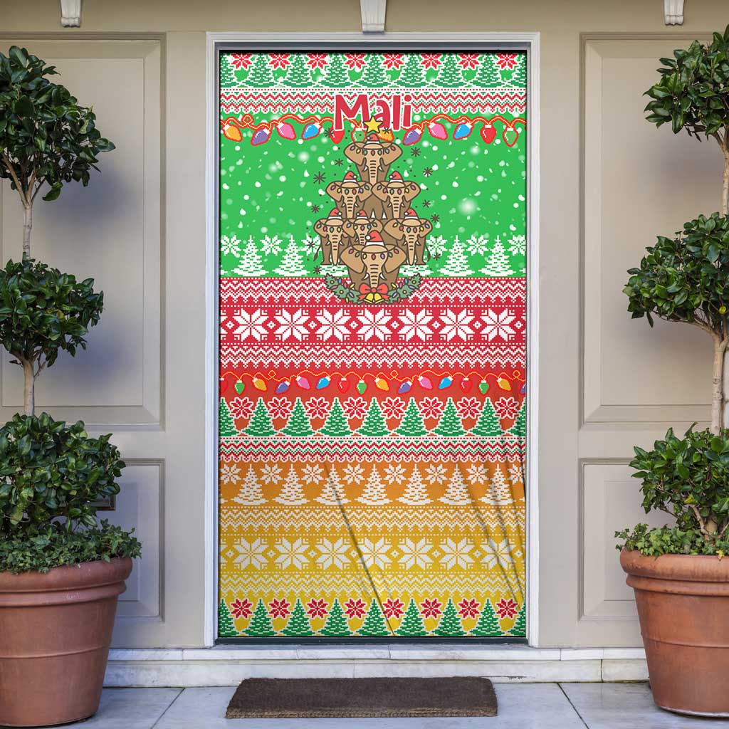 Mali Christmas Door Cover with Cartoon Elephant Pyramid Snowflakes and Holiday Lights - Wonder Print Shop