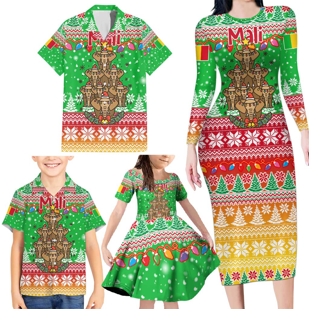 Mali Christmas Family Matching Long Sleeve Bodycon Dress and Hawaiian Shirt with Cartoon Elephant Pyramid Snowflakes and Holiday Lights - Wonder Print Shop