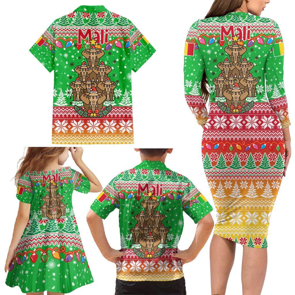 Mali Christmas Family Matching Long Sleeve Bodycon Dress and Hawaiian Shirt with Cartoon Elephant Pyramid Snowflakes and Holiday Lights - Wonder Print Shop