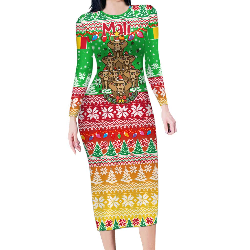 Mali Christmas Family Matching Long Sleeve Bodycon Dress and Hawaiian Shirt with Cartoon Elephant Pyramid Snowflakes and Holiday Lights - Wonder Print Shop