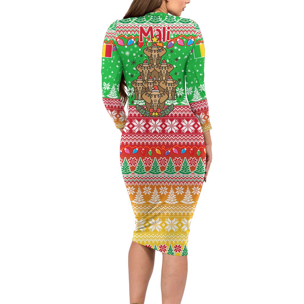 Mali Christmas Family Matching Long Sleeve Bodycon Dress and Hawaiian Shirt with Cartoon Elephant Pyramid Snowflakes and Holiday Lights - Wonder Print Shop