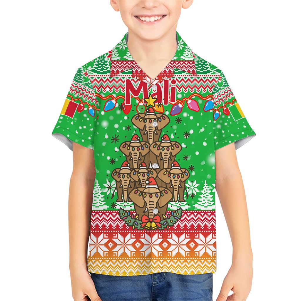 Mali Christmas Family Matching Long Sleeve Bodycon Dress and Hawaiian Shirt with Cartoon Elephant Pyramid Snowflakes and Holiday Lights - Wonder Print Shop