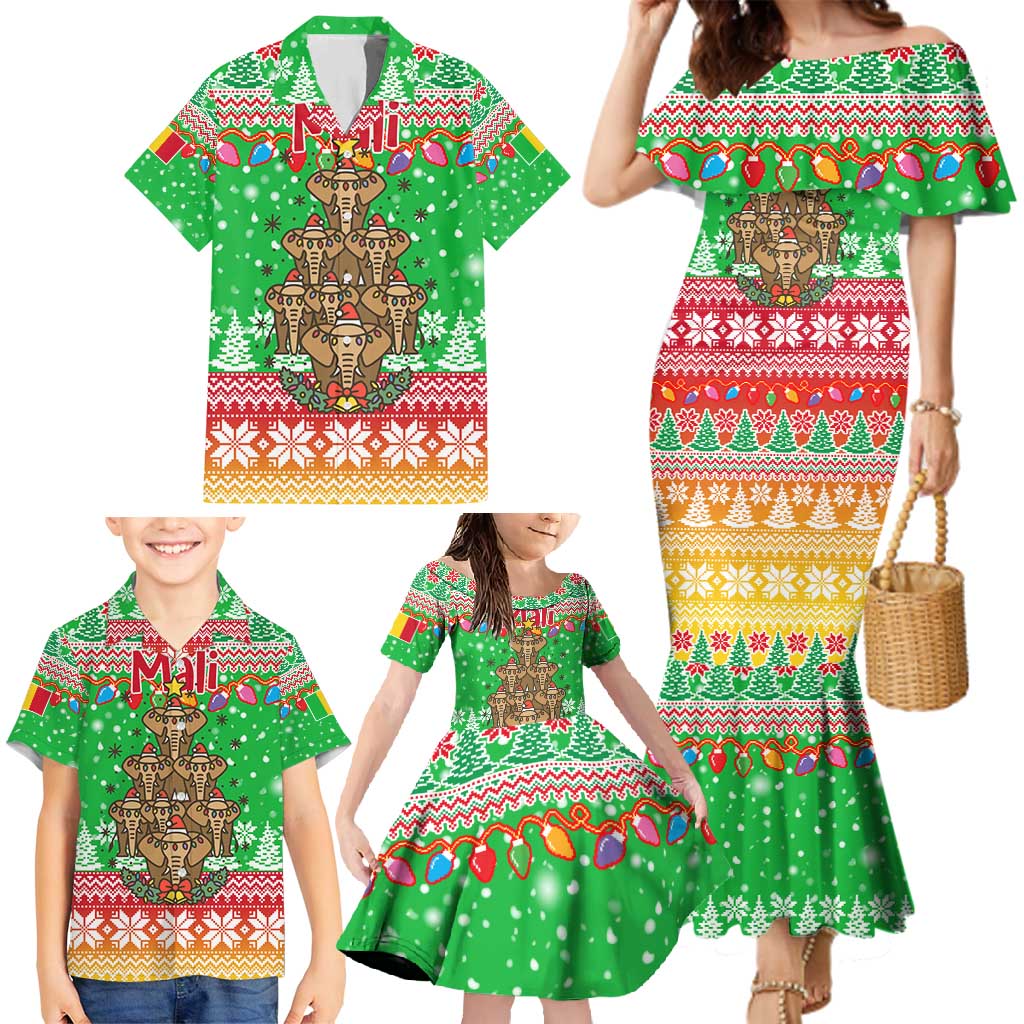 Mali Christmas Family Matching Mermaid Dress and Hawaiian Shirt with Cartoon Elephant Pyramid Snowflakes and Holiday Lights - Wonder Print Shop