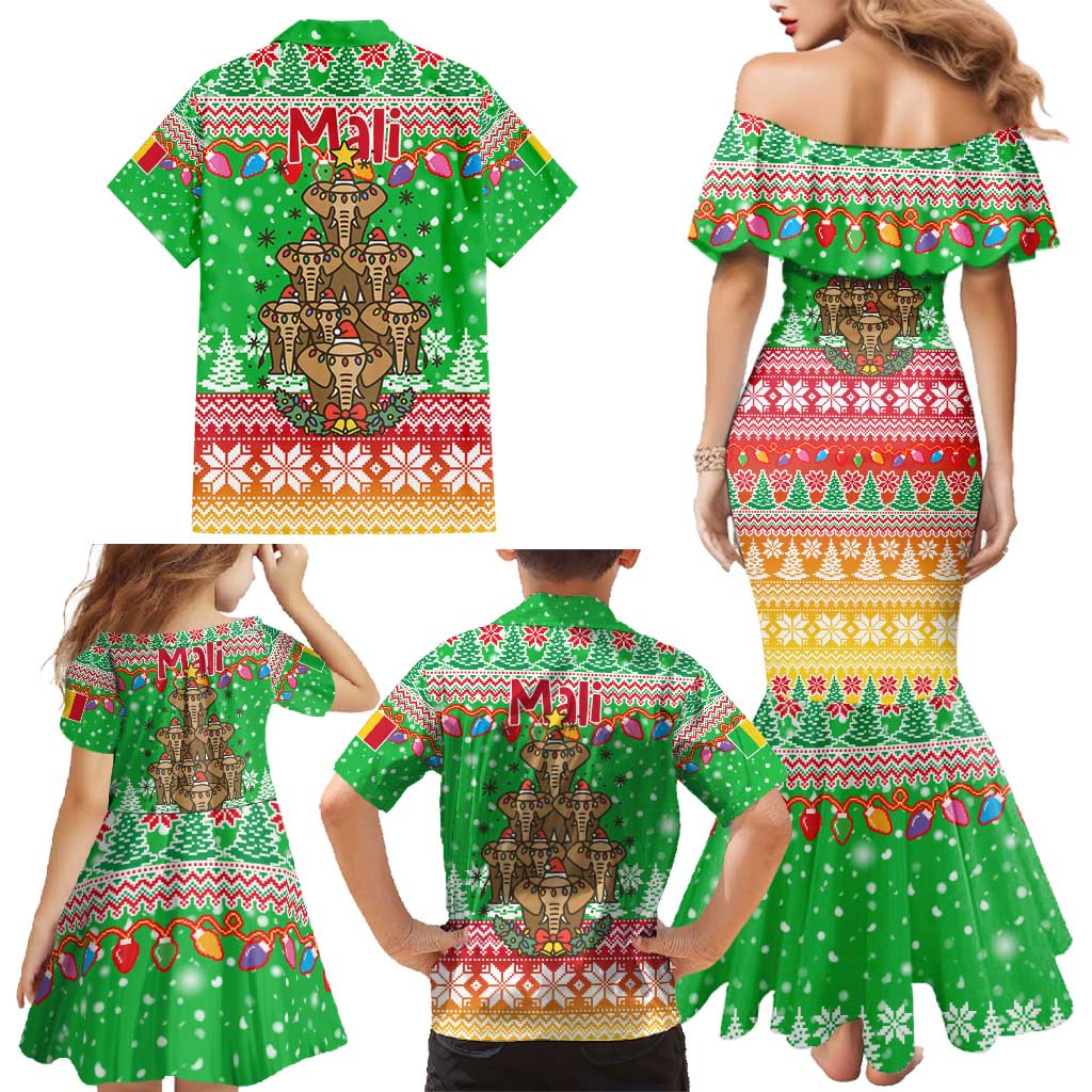 Mali Christmas Family Matching Mermaid Dress and Hawaiian Shirt with Cartoon Elephant Pyramid Snowflakes and Holiday Lights - Wonder Print Shop