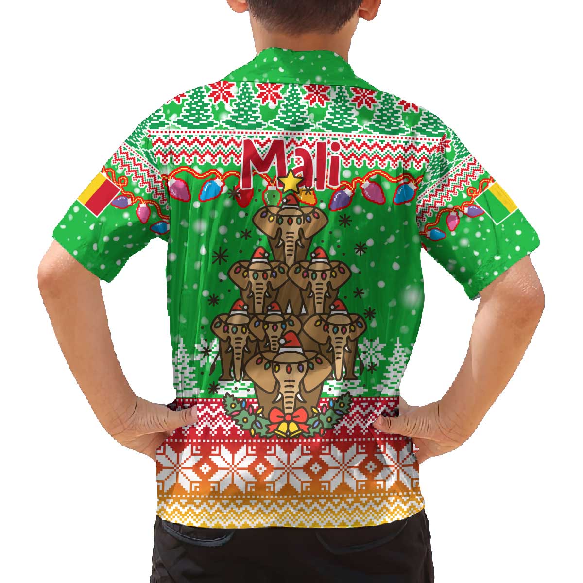 Mali Christmas Family Matching Off The Shoulder Long Sleeve Dress and Hawaiian Shirt with Cartoon Elephant Pyramid Snowflakes and Holiday Lights - Wonder Print Shop