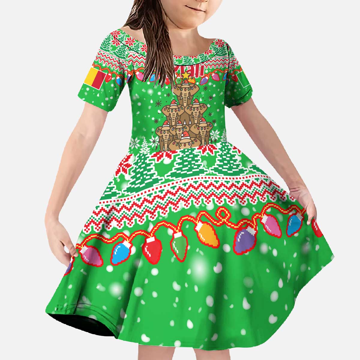 Mali Christmas Family Matching Off The Shoulder Long Sleeve Dress and Hawaiian Shirt with Cartoon Elephant Pyramid Snowflakes and Holiday Lights - Wonder Print Shop